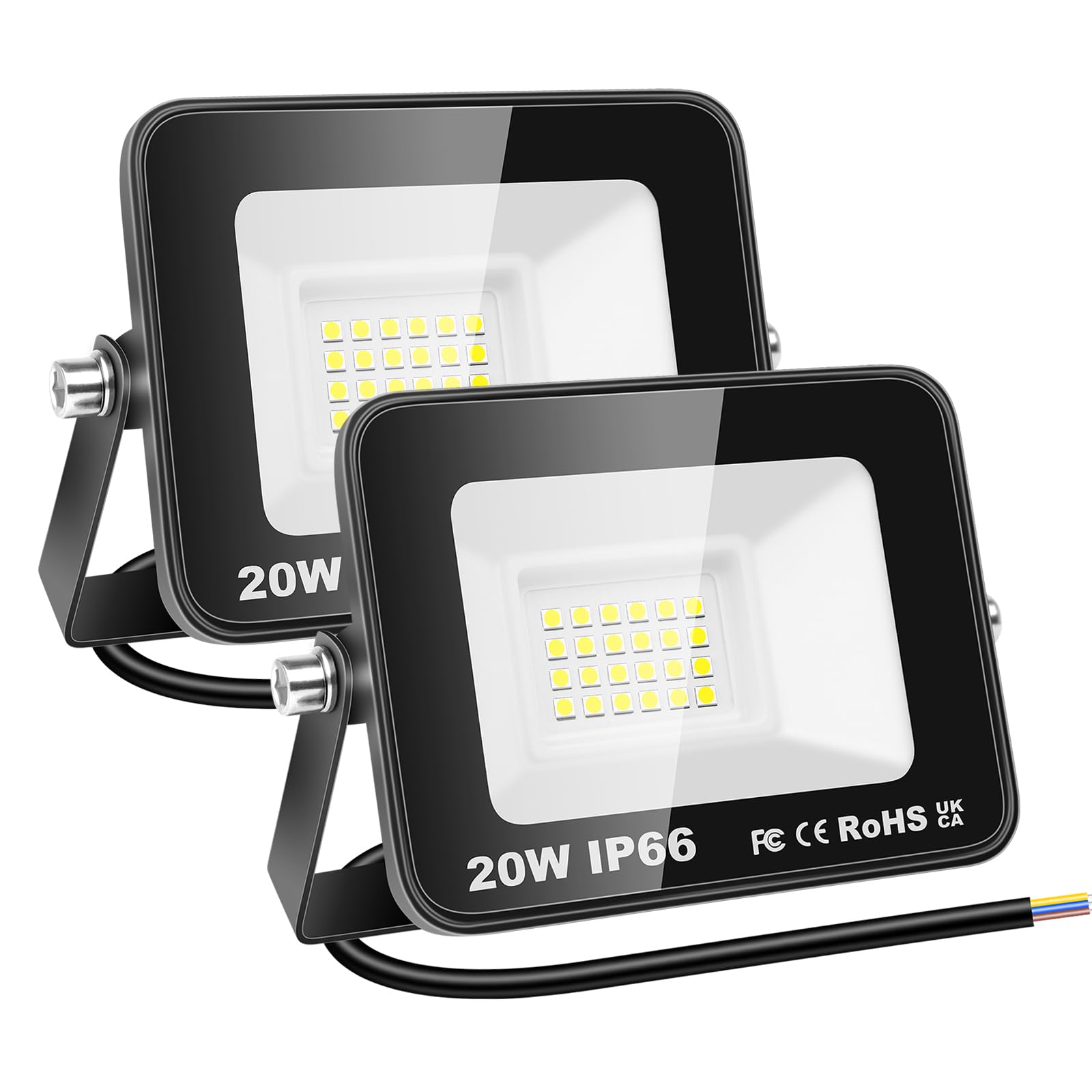 RIGIDON 2 Pcs Outdoor Flood LED Work Light, 20W 2000 Lumens Floodlight, Daylight Cold White Security Lights for Garden Yard Lawn Basketball Football Court Patio Landscape, IP66 Waterproof 6000K