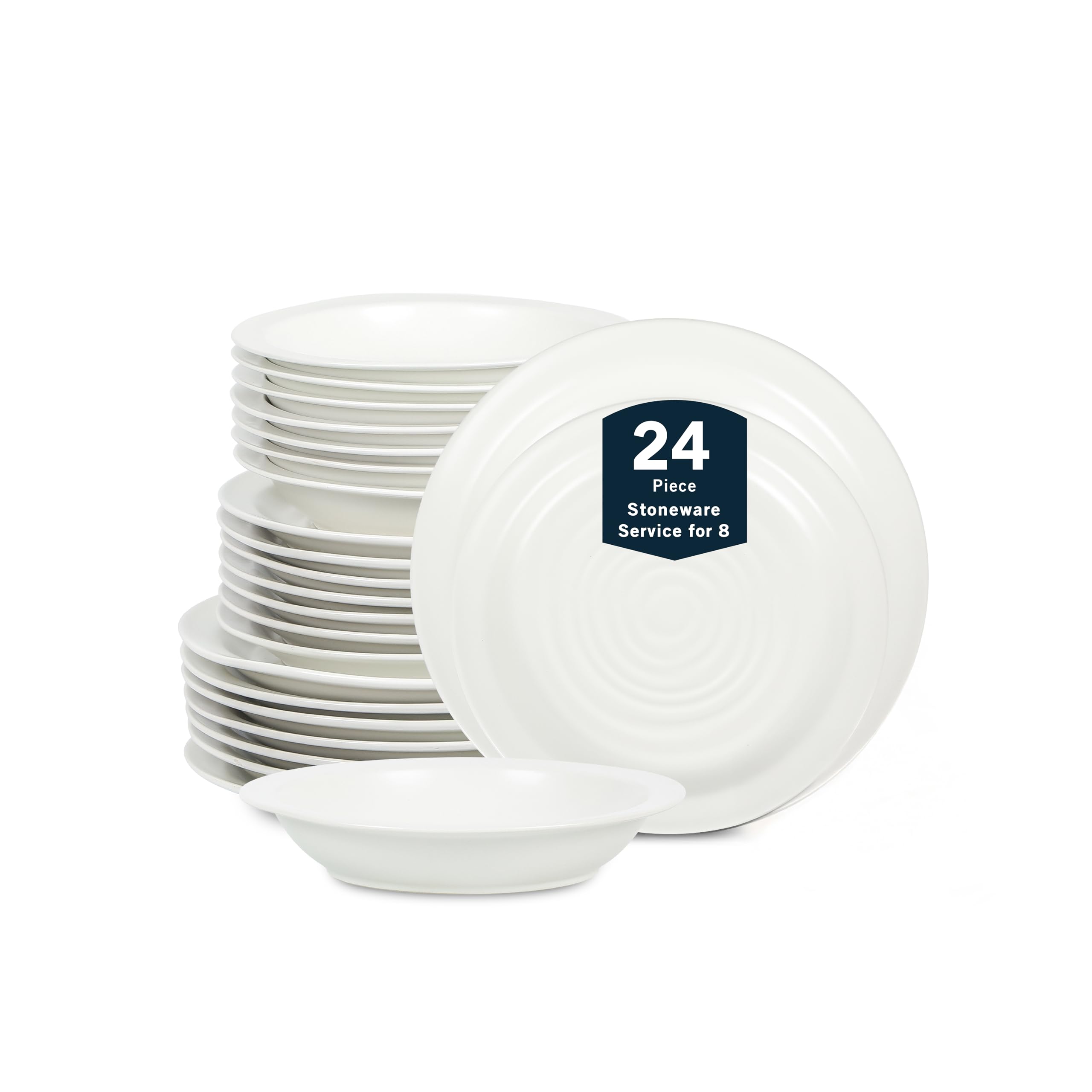 Stone Lain Orbit 24-Piece Dinnerware Set Stoneware, Plates and Bowls Set, Pasta Bowls, Microwave and Dishwasher Safe, Dish Set for 8, White