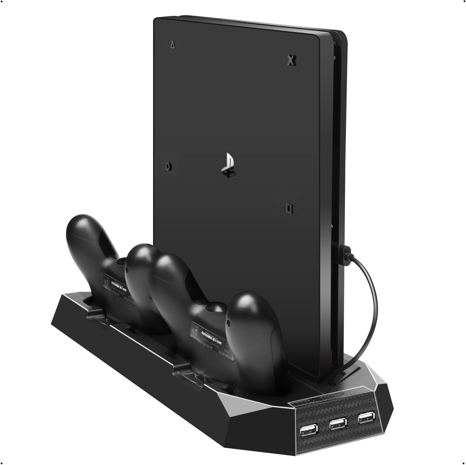 CPPSLEE PS4 Slim Vertical Stand Cooling Fan with Dual Controller Charger, Charging Station + 3 Extra HUB Ports, Multifunctional PlayStation 4 Access