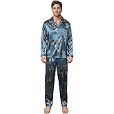 ShuiGod-Mens Silky Satin Pajamas Set Long Sleeve Top and Long pants Nightwear Button-Down Pj Sets Sleepwear