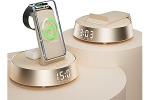 6 in 1 Wireless Charging Station, Alarm Clock for Bedroom with Bluetooth Speaker, Dimmable Night Light, FM Radio, Dock Statio