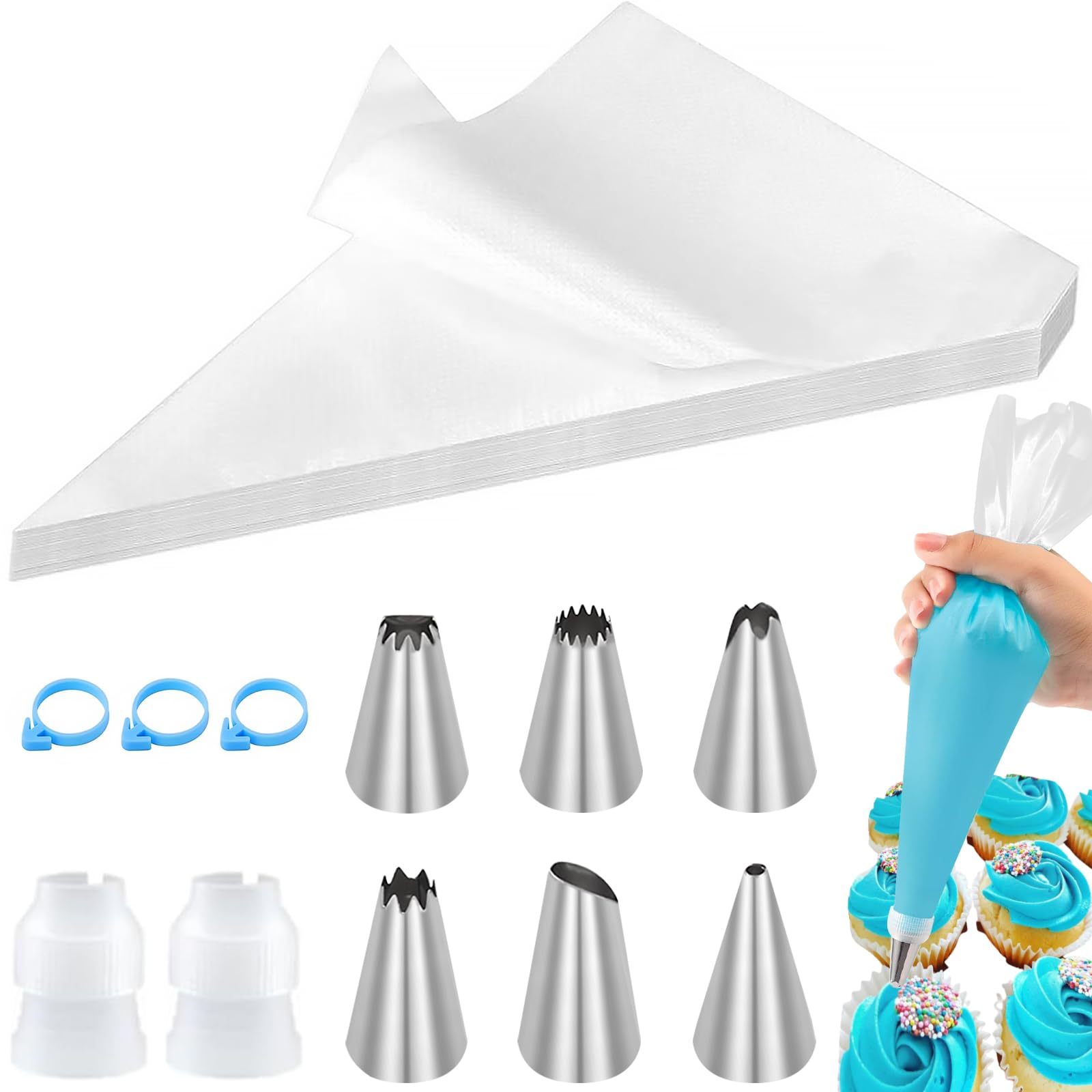 Soodyoow 100Pcs Piping Bags and Nozzles Sets, Icing Bags and Nozzles Sets, 6 Nozzles, 2 Couplers, 3 Bag Ties, Large Icing Bags Disposable, Pastry Bags for Cake Cupcake Dessert Cookies Decoration