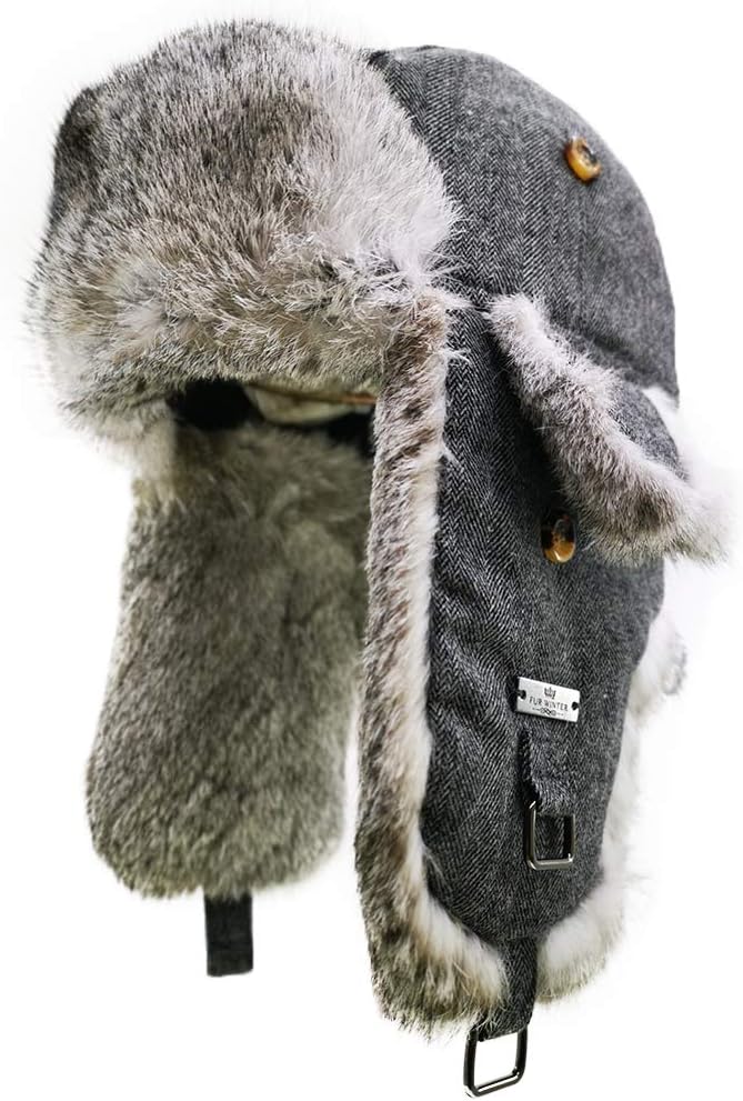 FUR WINTER Wool Blend Herringbone Tweed Rabbit Fur Aviator Outdoor Trapper Trooper Pilot Ski Hat