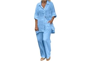 Lmdudan Women's Cotton Linen Two Piece Work Suits Summer Ladies Oversized Tops and Pants Sets Dressy Casual Solid Outfits