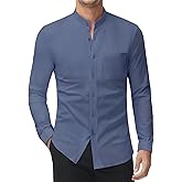 DEMEANOR Men's Collarless Dress Shirt Banded Collar Long Sleeve Button Down Shirts Stretch Formal Tops with Pocket