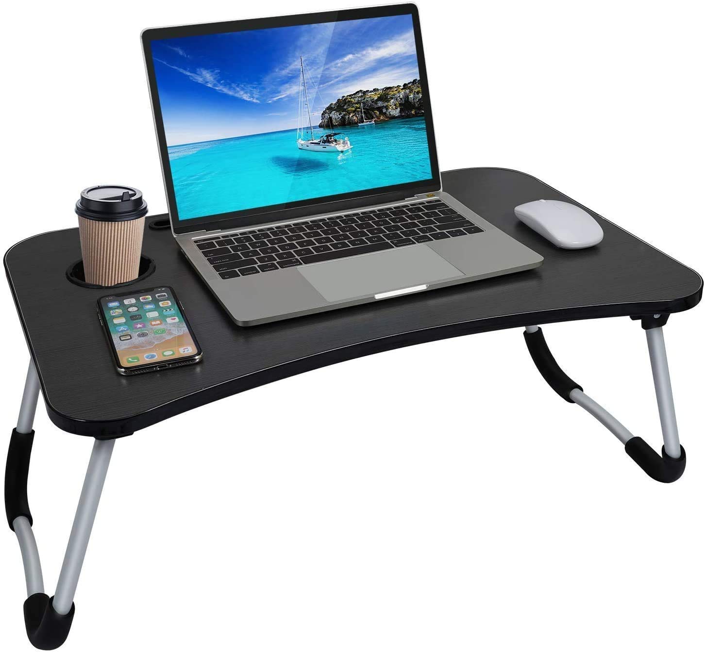 Laptop bed table, breakfast serving tray, laptop stand, reading table, sturdy portable, bed tray with cup slot, multifunctional table (60 x 40 cm)
