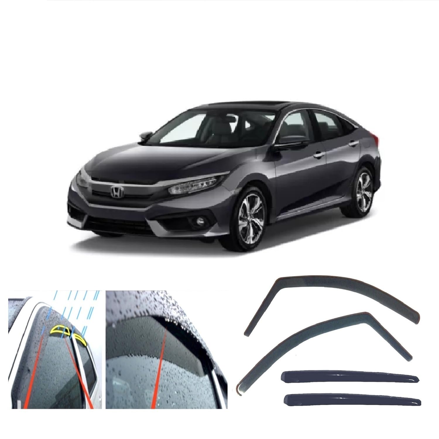 Set of 4 Wind Deflectors made for Honda Civic (FK) Hatchback 5-door 2016 2017 2018 2019 2020 2021 Side Door Window Rain Guard Sun Visor Acrylic Glass PMMA