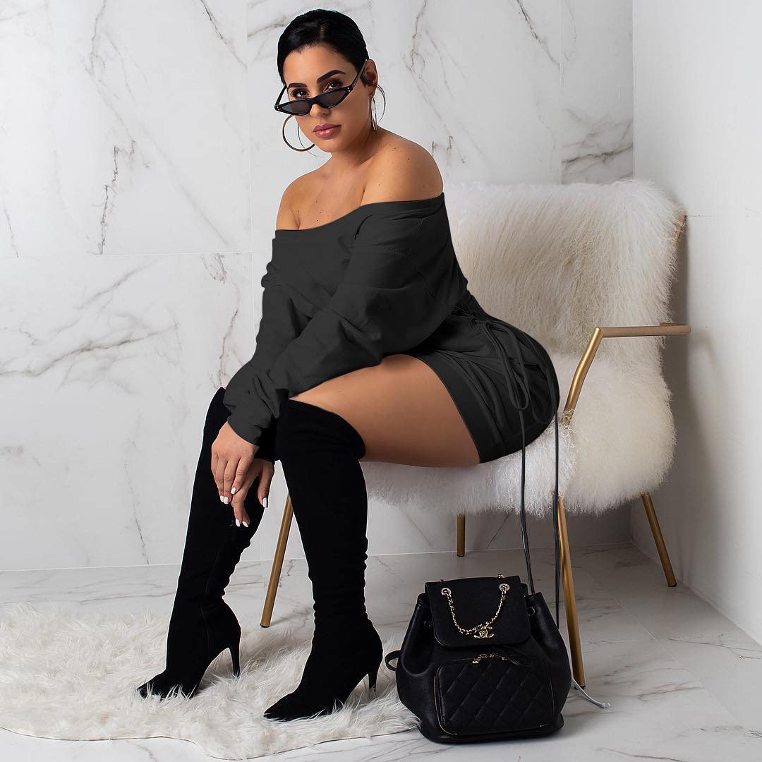 GOKATOSAU Women's Sexy Casual Off Shoulder Long Sleeve Lace Up Loose Club Mini Dress