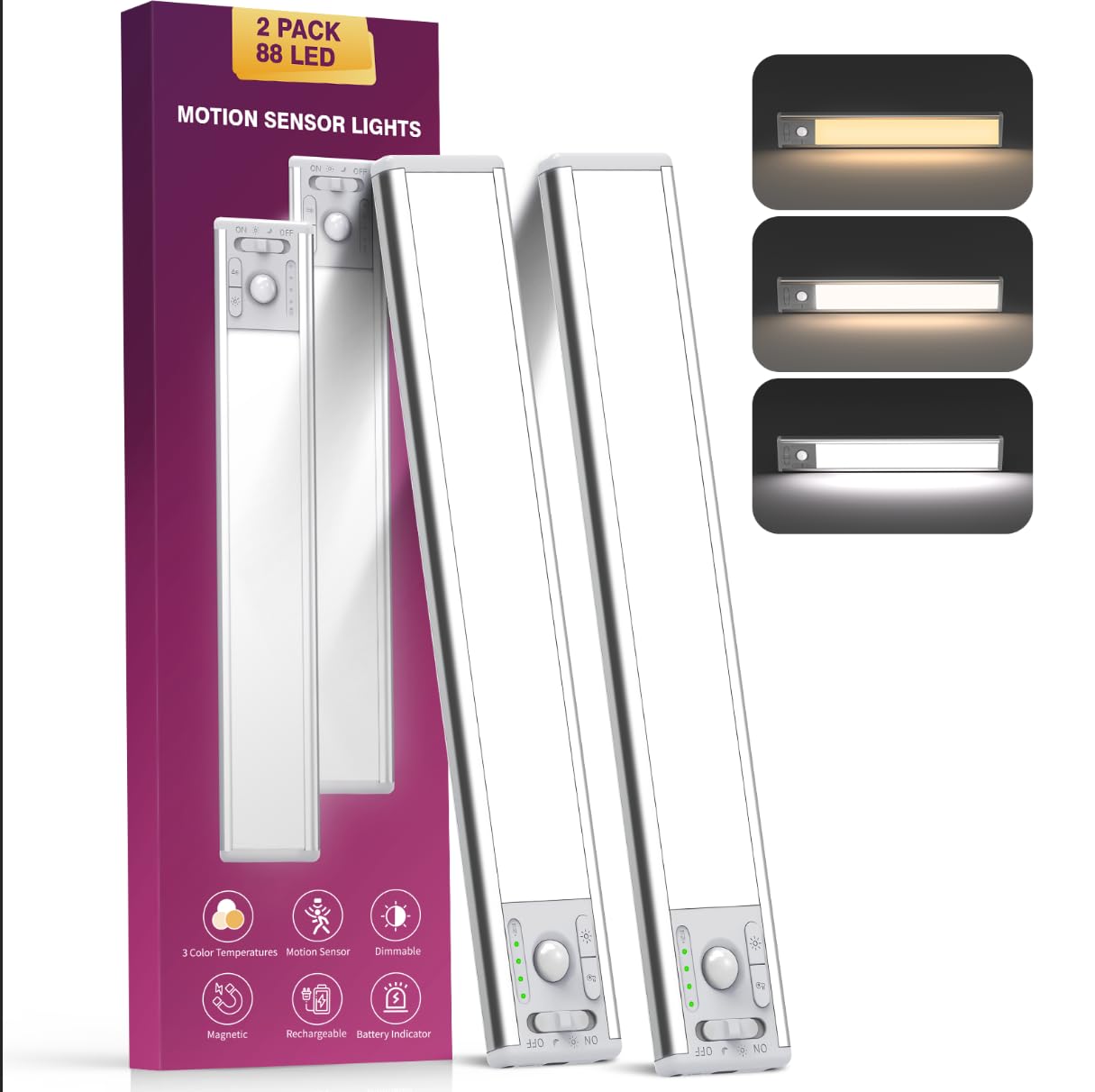 Photo 1 of 10.5inch Under Cabinet Lighting with 3 Color Temps, 2 Pack Rechargeable Motion Sensor Lights Indoor, Dimmable Under Counter Lights for Kitchen, Closet