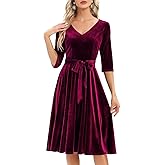 Bbonlinedress Women Long Sleeve Velvet Vintage Tea Dress Formal Cocktail Wedding Guest Midi Prom V-Neck Fit and Flare Dress