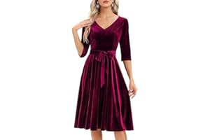 Bbonlinedress Women Long Sleeve Velvet Vintage Tea Dress Formal Cocktail Wedding Guest Midi Prom V-Neck Fit and Flare Dress