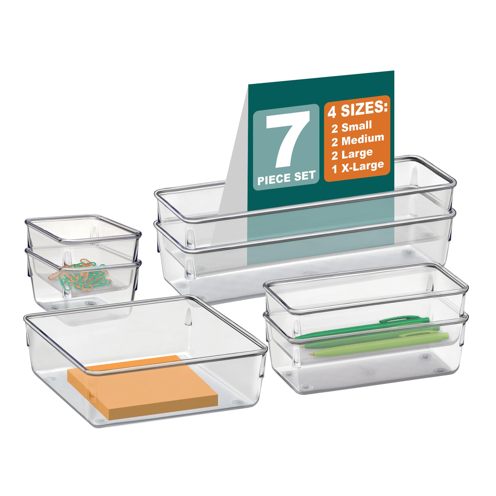 Acrimet Drawer Organizer Modular, Box Tray Storage Bins for Office, Home, Makeup, Kitchen, Junk Drawer (7 Units - 4 Sizes) (Clear Crystal Plastic)