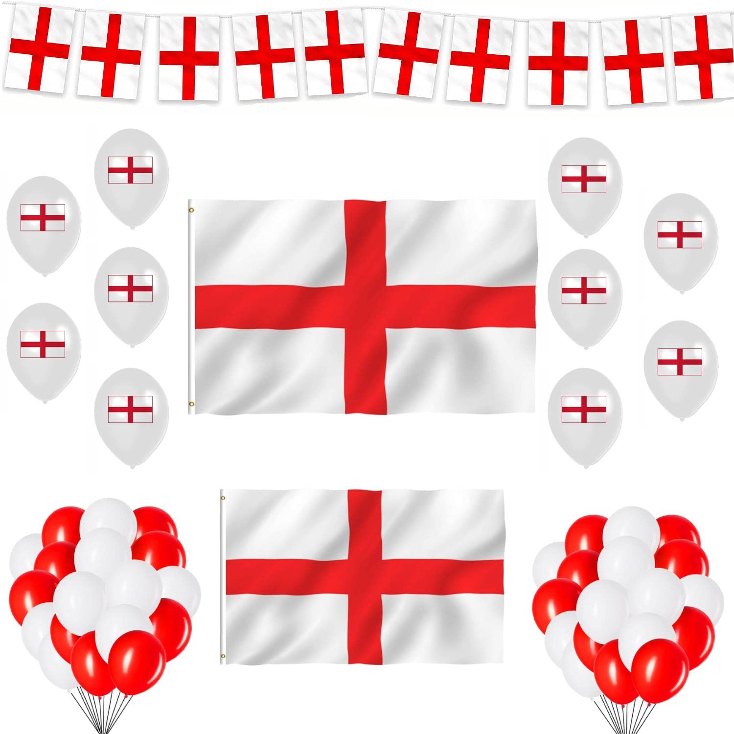 38Pcs Euro Cup England Party Pack - Large 5x3Ft, 8x5Ft Flags,Bunting,Balloons Football Cricket World Cup St George Day Decoration