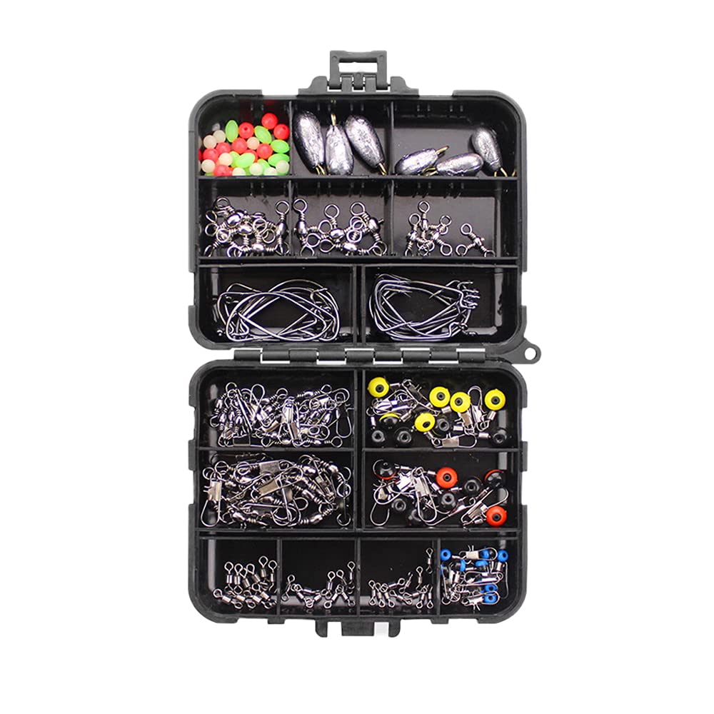 GudGmtoy 160pcs Fishing Accessories Kit, Including Jig Hooks, Sinker Weights, Swivels, Snaps, Connector, Beads, Tackle Box