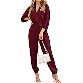 PRETTYGARDEN Women's Fall Jumpsuits Dressy Casual Pants Romper Spring Long Sleeve V Neck Belt Pockets One Piece Outfits