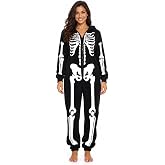 Just Love Women's Adult Onesie Skeleton Halloween Costume with Hood | Soft microfleece skeleton onesie with a hood and zip-up front for trick-or-treating, Halloween parties, and cozy lounging.