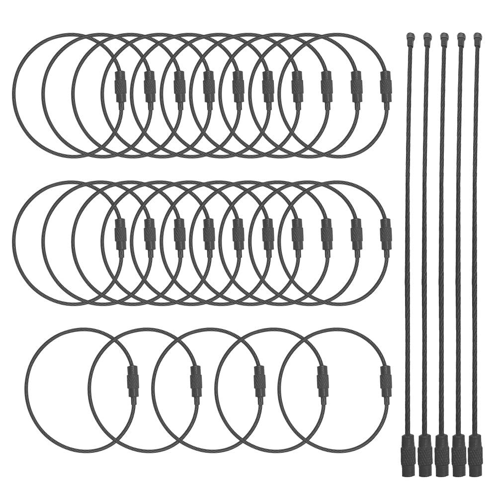 WYAN 30pcs Black Wire Keychains,15cm Steel Key Ring Loop,Steel Connecter,Wire Keychain Cable,for Hiking,Hanging Keys