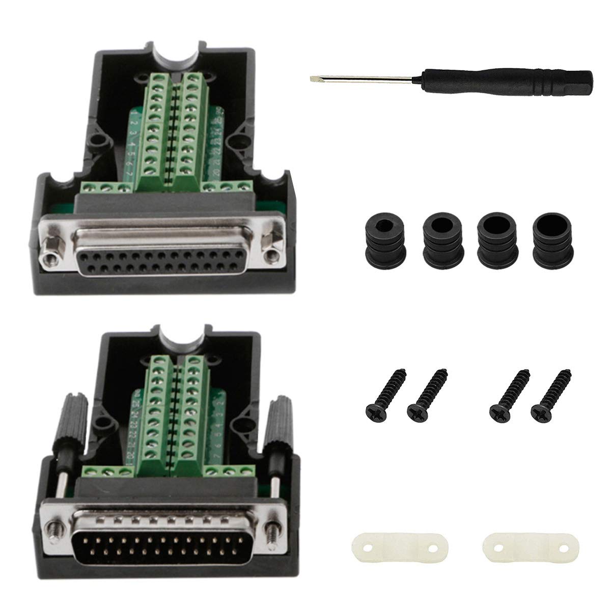 Youmile 2PCS DB25 D-SUB Connector 25Pin Male And Female 2 ROW Terminals Adapter Breakout PCB Board For DIY With Slotted screwdriver + Wire Cover