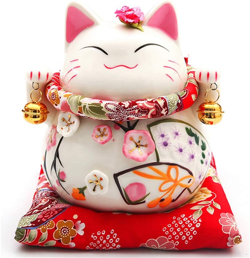 KNDJSPR Japanese Lucky Cat Piggy Bank with Two Bells, Feng Shui Decor Attract Wealth and Good Luck, Lovely, Ceramic, Suitable for Home, Office, Gift