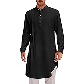Runcati Mens Kaftan Thobe Cotton Linen Henley Shirt Long Sleeve Robe Casual Muslim Gown Kurta