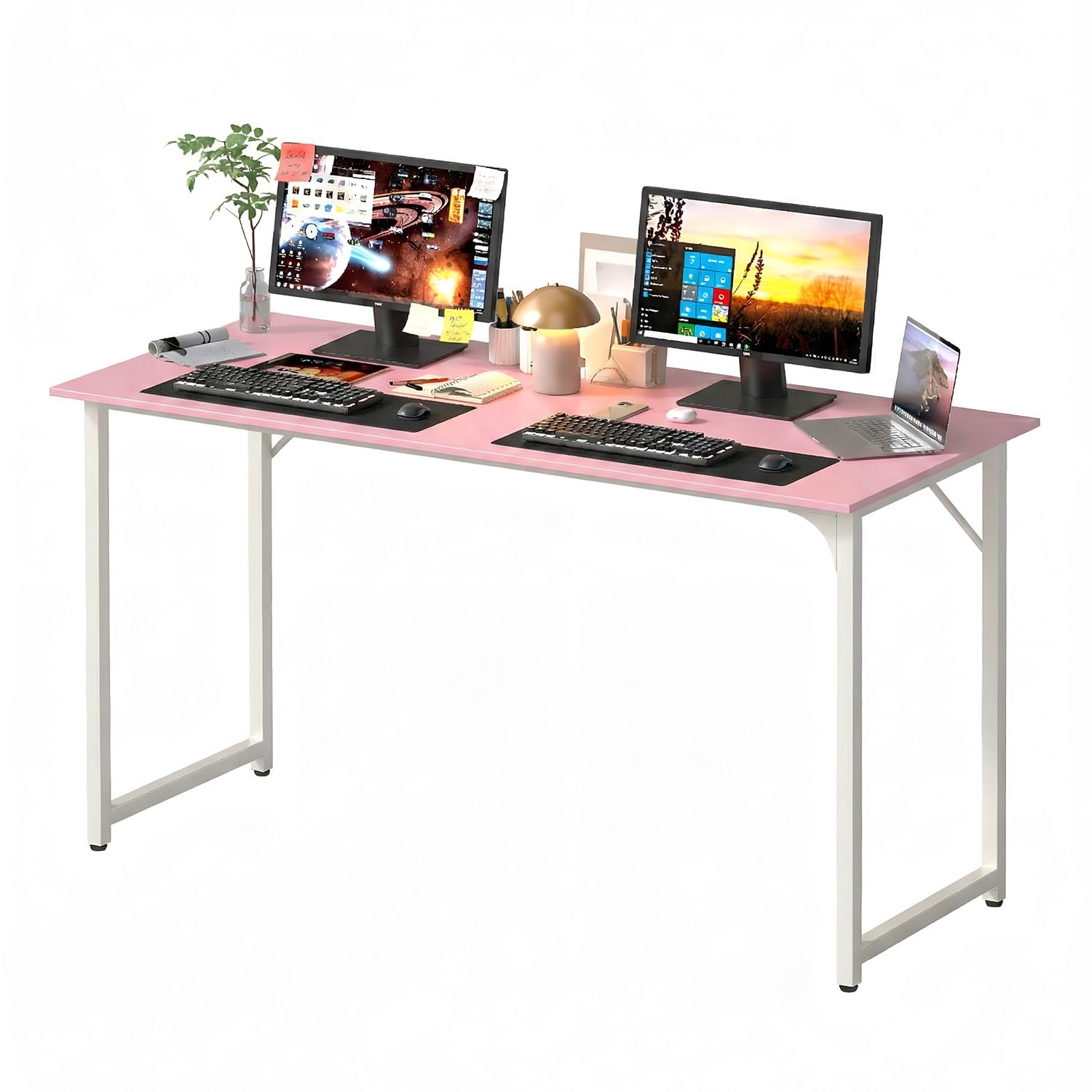 PayLessHere | 55 Inch Computer Desk | Pink | Office Desk with Metal Frame, Adjustable Feet | Water-Resistant, Scratchproof Surface | Sturdy Writing Table for Home Office or Study | Pack of 1 Image