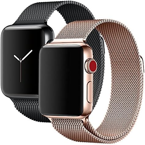 Apple Watch Band 38mm Stainless Steel Milanese Mesh Loop Magnetic Clasp Bracelet Strap Metal Replacement iWatch Band for Apple Watch Series 3 2 1 Sport Edition Women Black + Rose Gold, 2 Pack Band 38