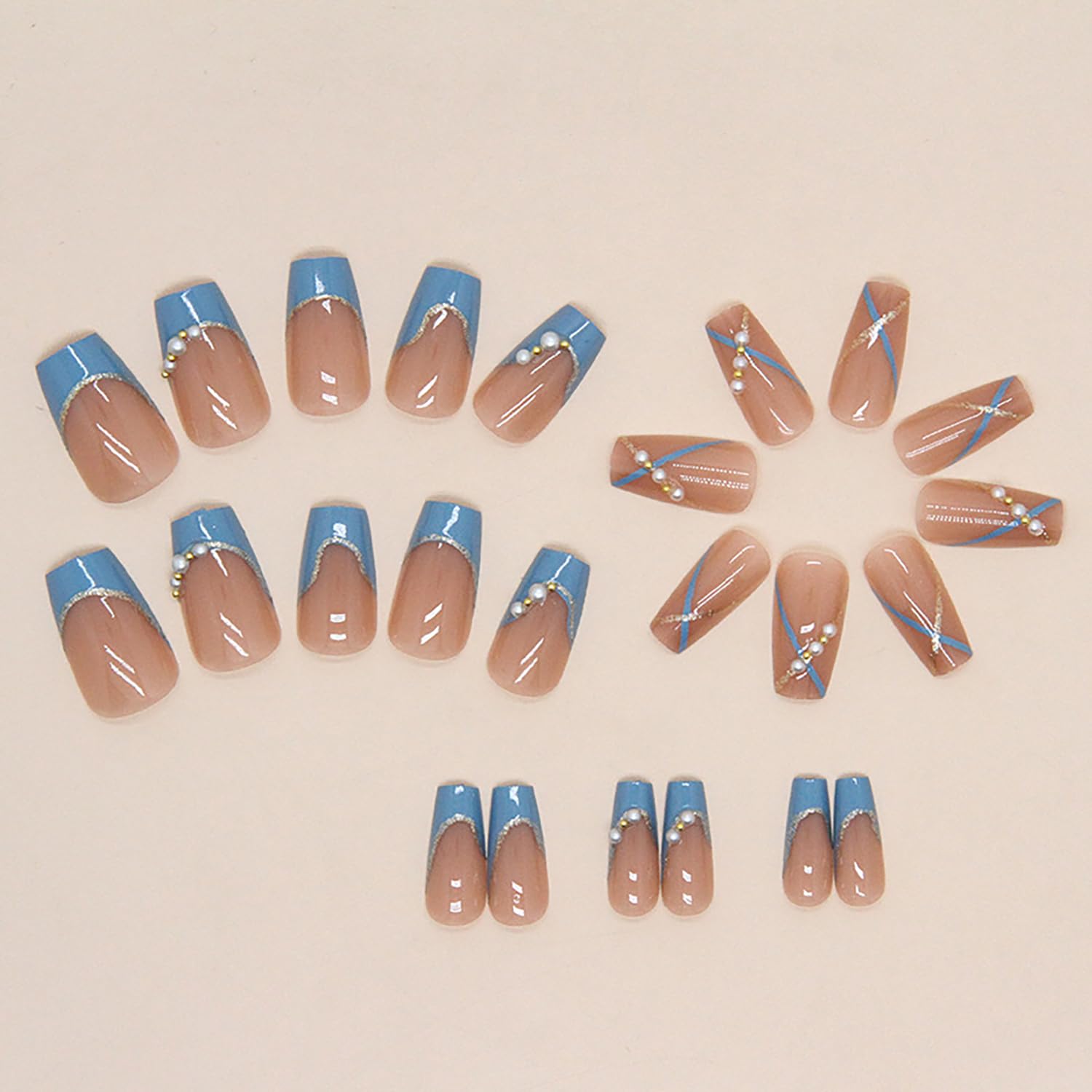Blue French Press on Nails Medium with Pearl Design Cute Ballet Shaped False Nails Artificial Acrylic Coffin Nails Full Cover Reusable Fake Nails Nature Fit Stick on Nails Glue on Nails for Women - Image 2