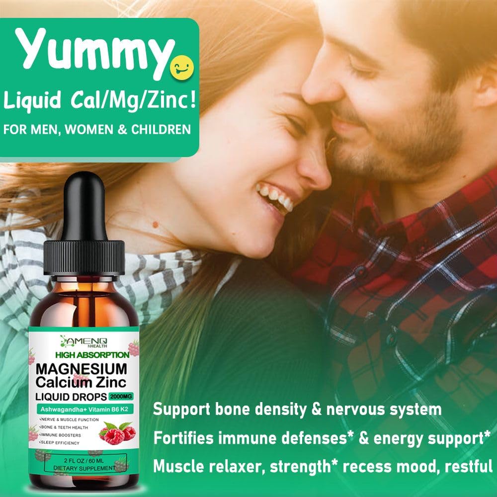 AMENQ hHEALTH Calcium Magnesium Zinc with Magnesium Glycinate 400mg Plus Vitamin C D3 K2 Liquid Drop, High Potency Liquid Calcium Magnesium Supplement for Bone, Muscle, Immune, Mood, Sleep