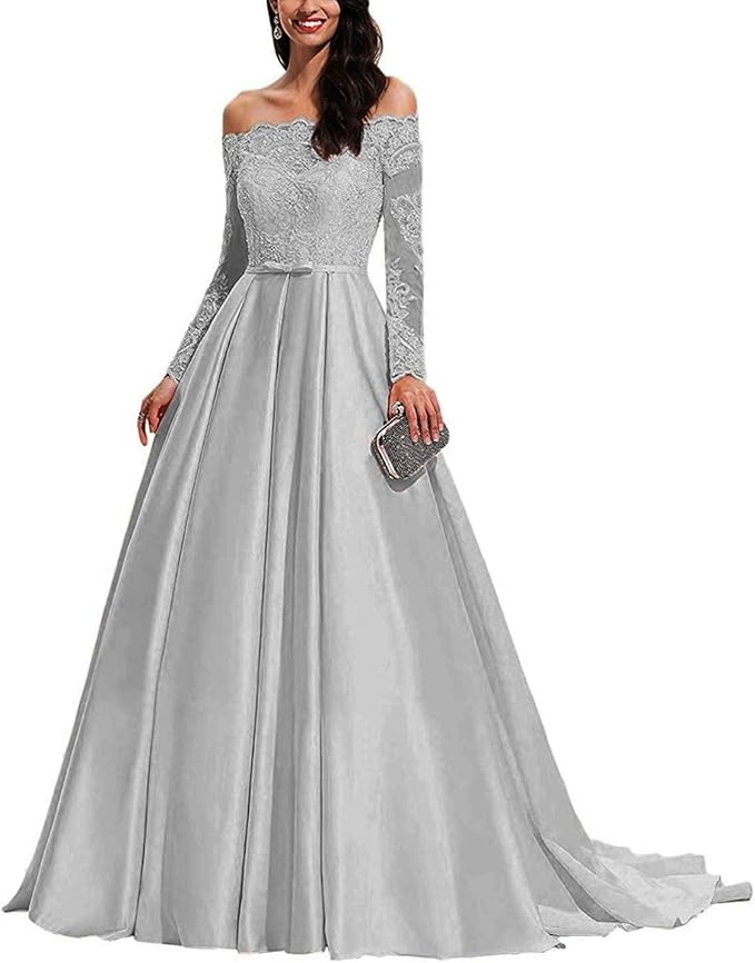 Evening Dress Off Shoulder Satin Prom Dresses Long A Line Lace Beaded Formal Gowns Silver US22W