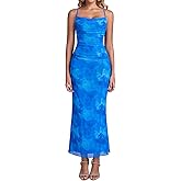 URYIAO Women's Summer Floral Spaghetti Strap Maxi Dress Sleeveless Ruched Mesh Bodycon Long Wedding Guest Dresses