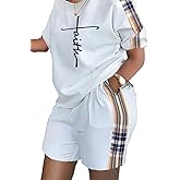 Kencey Women 2 Piece Outfits Summer Short Sleeve Pullover Tops and Matching Shorts Pants Lounge Sets