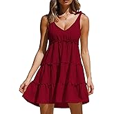 AIMCOO Women's Sleeveless Tie Shoulder Tiered Frill Swing Dress V Neck High Waist Loose Dresses Solid Mini Babydoll Dress