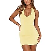 Pungdra Women's Sexy Halter V Neck Mini Dress for Women Summer Slim Fit Going Out Club Party Bodycon Short Dresses