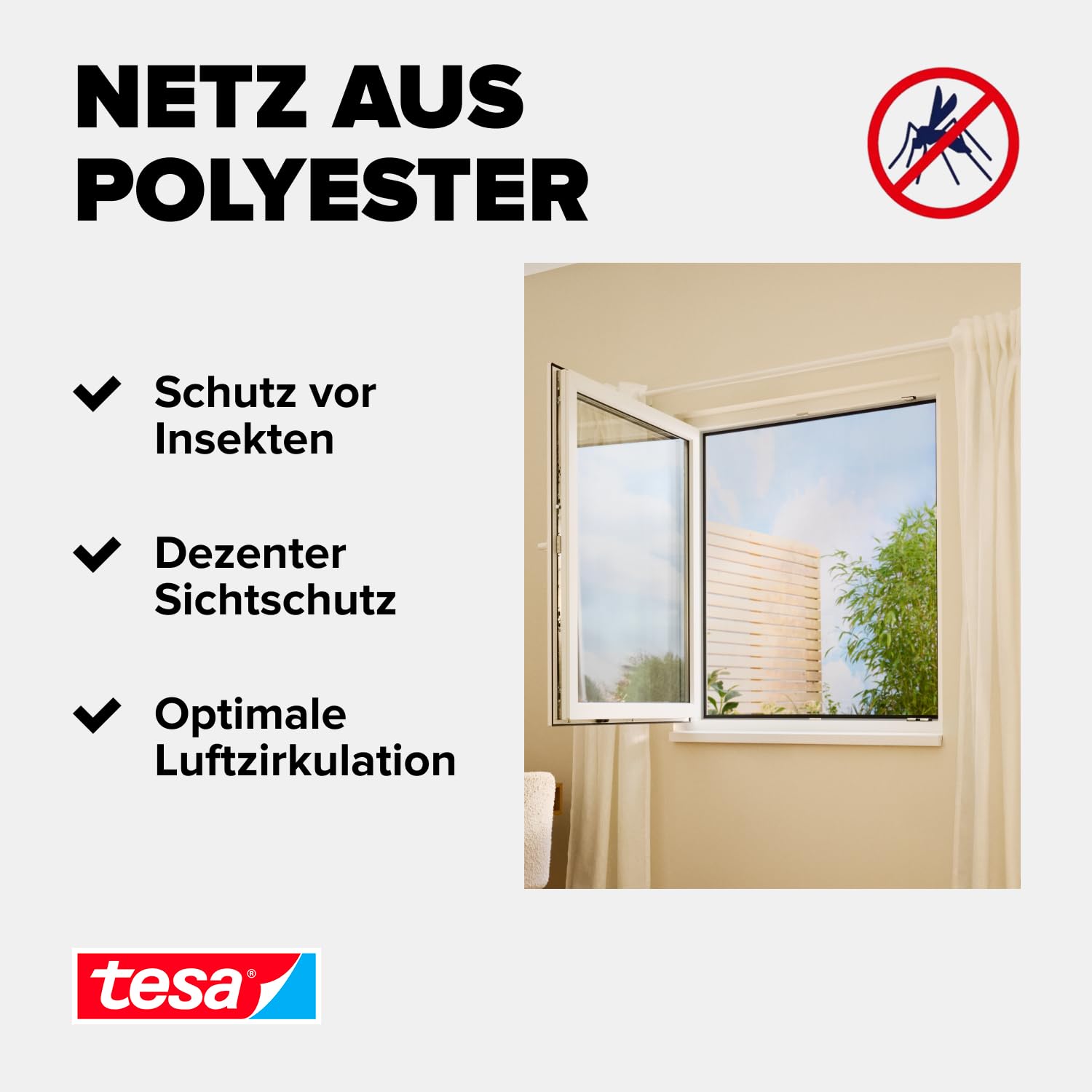 tesa INSECT STOP Klett Fliegengitter für Fenster - Insektenschutz mit Klettband, zuschneidbar - Mückenschutz ohne Bohren - 1 x Fliegen Netz - 130 cm x 150 cm - Weiß 5