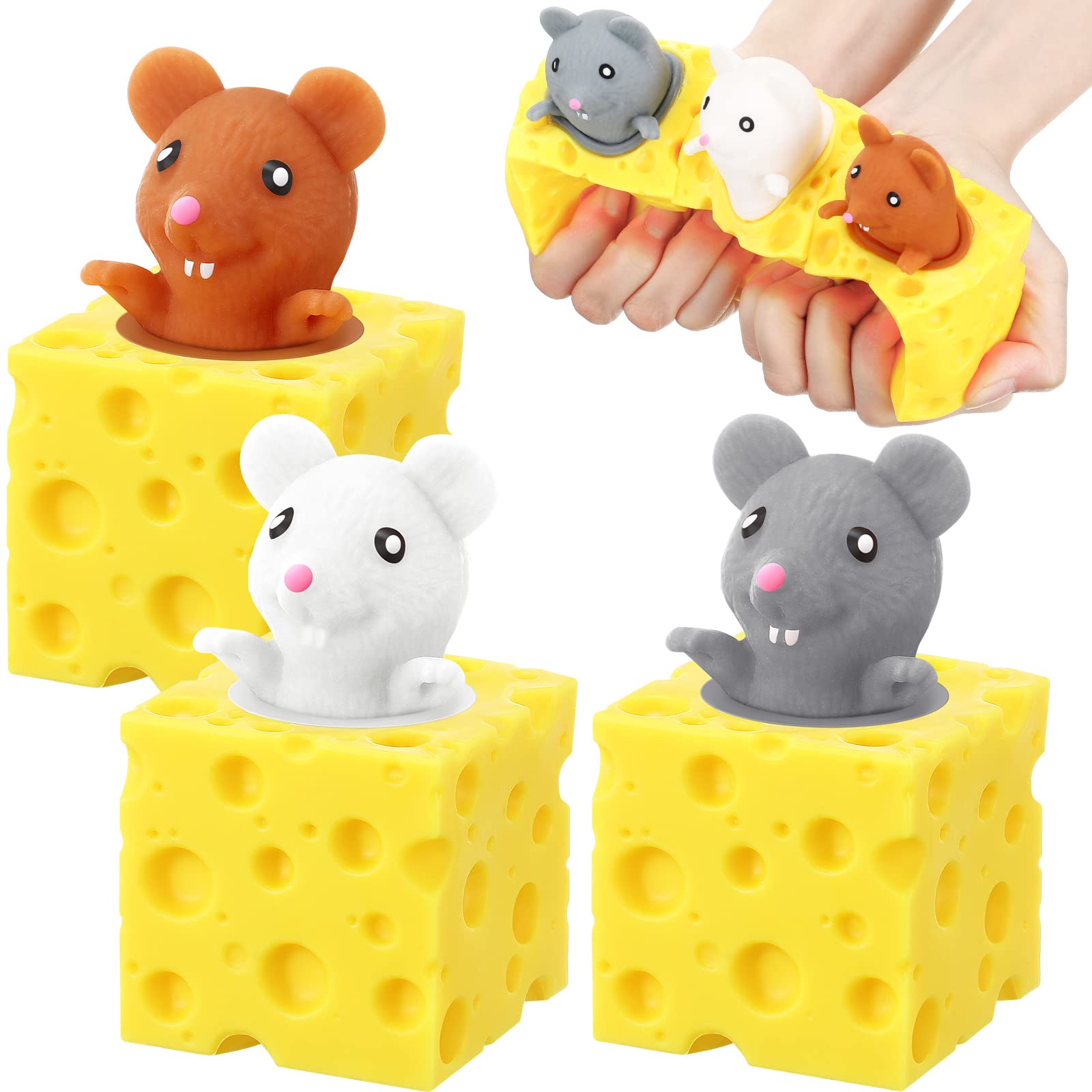 Photo 1 of Chivao 3 Pcs Cheese Toy Stress Ball Fidget Toys Mice in Cheese Anxiety Toys Mouse Office Sensory Mouse for Christmas Birthday Gifts Stress Relief Party Favors, Grey Brown White
