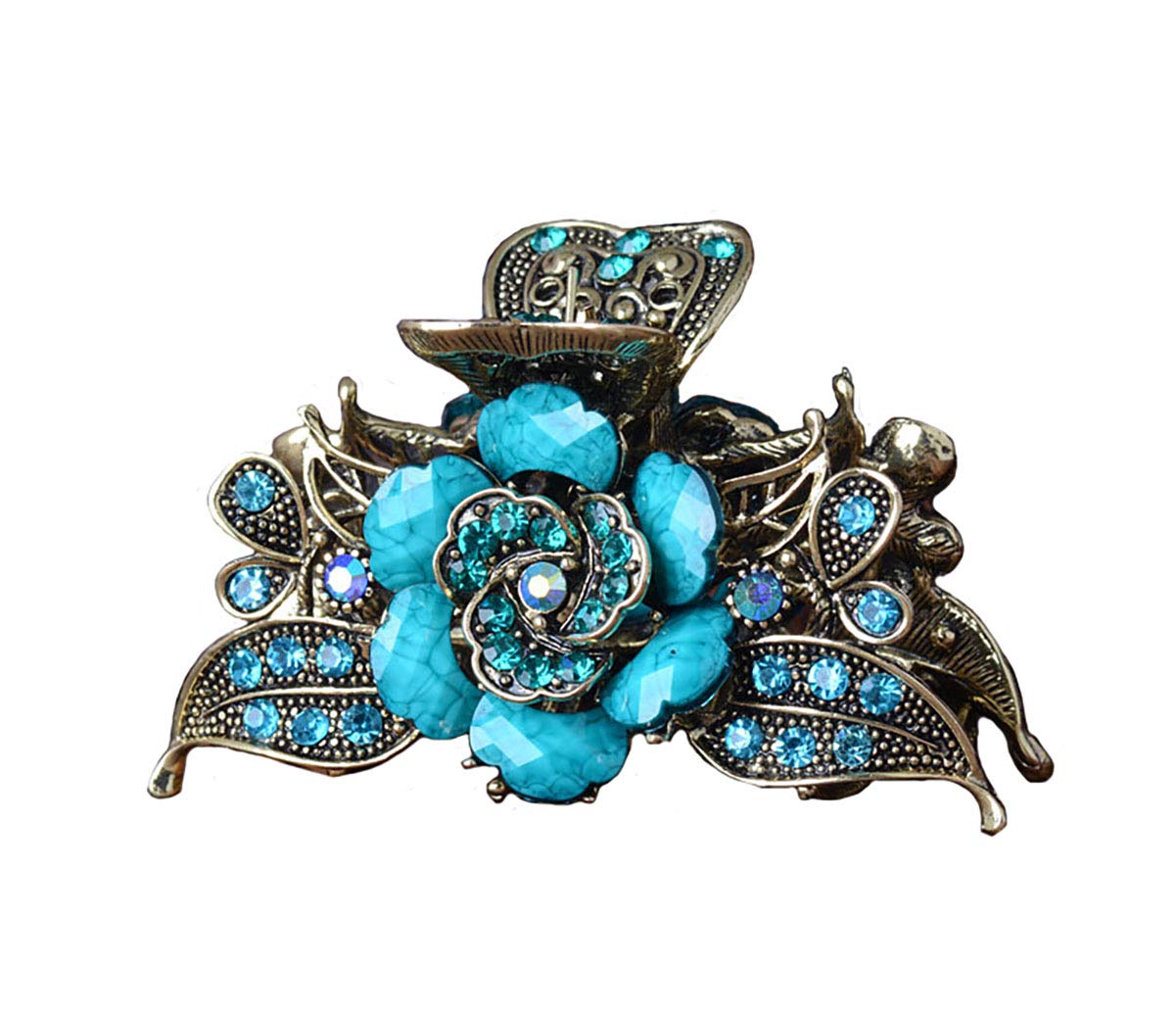 Fodattm Women's Retro Rose Flower Rhinestone Non-Slip Hair Clip (Blue, 1pc)