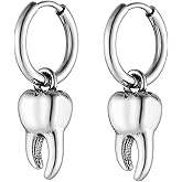HZMAN Tooth Dangle Drop Earring for Men Women Retro Stainless Steel Small Lightweight Hinged Huggie Hoop Earring Jewelry Gift