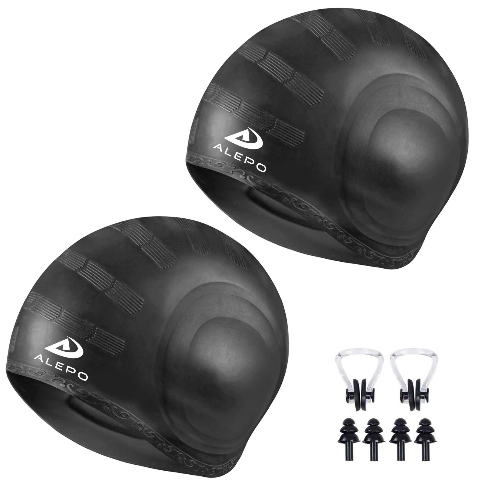 Alepo 2 Pack Swimming Cap Unisex with 3D Ear Protection, Durable Flexible Silicone Swimming Hat Women Men Kids Adults, Bathing Swim Cap for Short/Long Hair with Ear Plugs&Nose Clip（Black+Black）