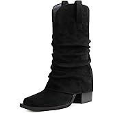 HICLOTSA Cowboy Boots for Women Cowgirl Boots Mid Calf Square Toe Fold Over Chunky Heel Slouchy Suede Boots