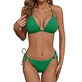 Zuvebamyo Women's Two Piece Bikini Swimsuit Sexy Ribbed Triangle Top Bathing Suits String Cheeky Bikini Sets