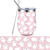 Geiserailie Halloween Ghost Wine Tumbler 12 oz Cute Ghost Pink Stainless Steel Wine Glass Tumbler with Lids and Straw Insulated Double Wall Travel Tumblers for Halloween Party Gift Women Men