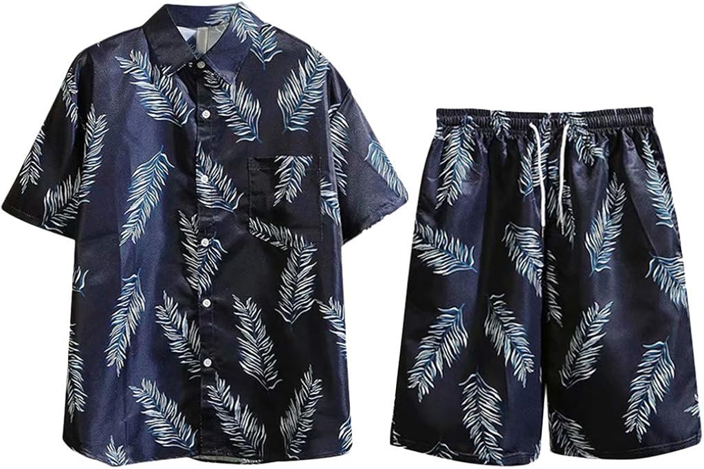 Easytoy Men's Summer T-Shirt Print Casual Button Down Short Sleeve Shorts Set Shirt Set Pocket Vocation Hawaiian Shirt Suits