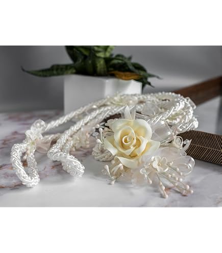 Lazo Matrimonio Tradizionale Fatto A Mano - Bianco E Oro Con Rose In Cera, 137cm - 4