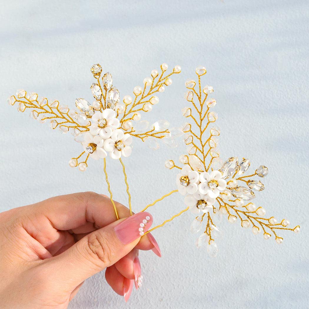 IYOU Bridal Wedding Hair Pins Crystal Flower Gold Hair Pieces Pearl Communion Hair Accessories for Brides and Bridesmaids(Pack of 2)