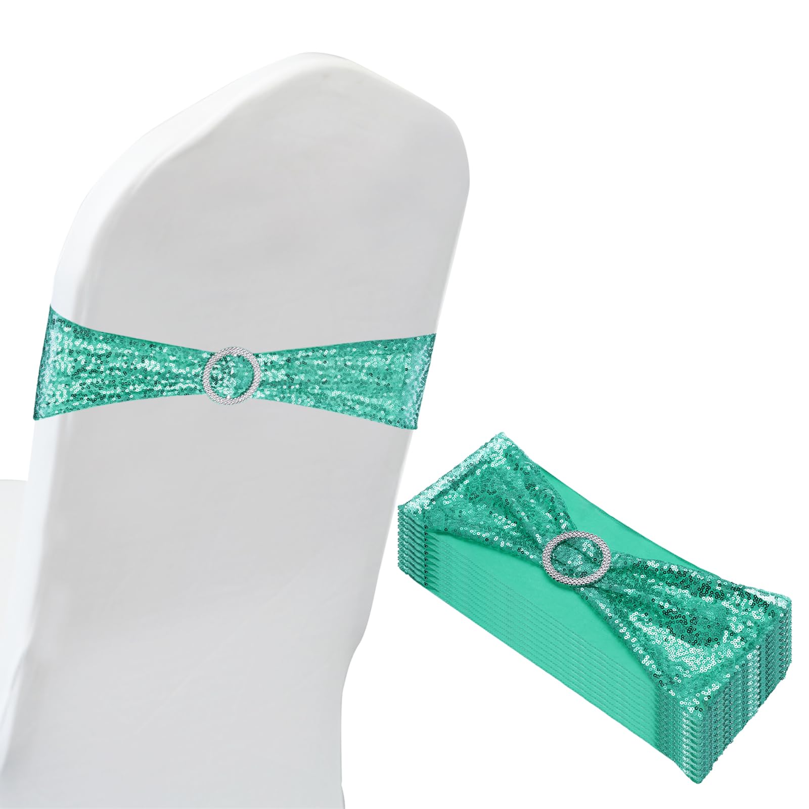 PATIKIL 14"x6" Stretch Chair Sashes Bows, 10 Pack Elastic Chair Bands Sashes with Buckle Slider for Wedding Banquet Decorations, Blue