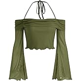 GORGLITTER Women's Bell Sleeve Off The Shoulder Tops Mesh Long Sleeve Ruched Halter Crop Top