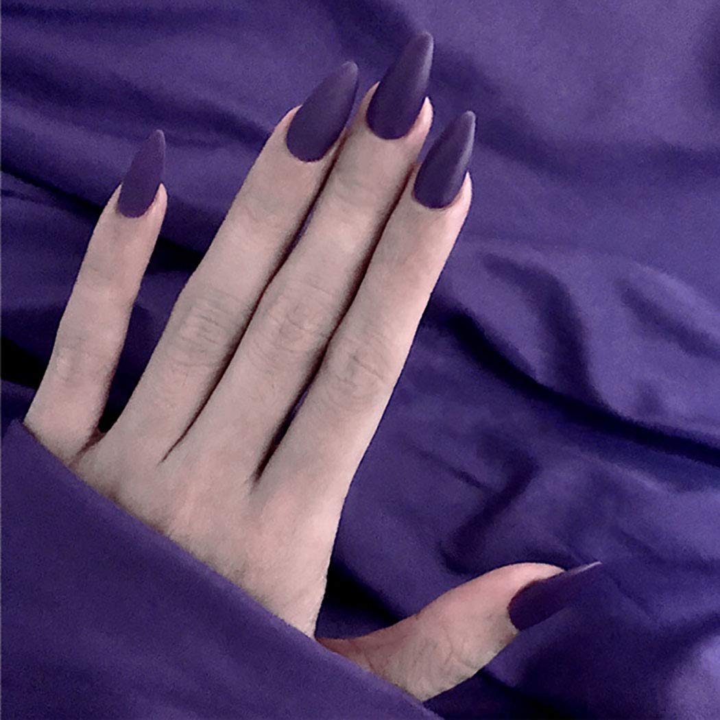 MISUD 100Pcs/Box Stiletto Fake Nails Purple Matte Medium Length Artificial Nails 10 Sizes Full Cover Press on Manicure Art Nails Tips for Charming Women and Girls - Violet - Image 3