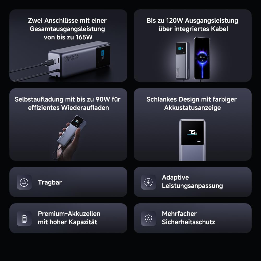 Xiaomi 165W Power Bank 10000mAh, Super Schnellladung|3 USB-C Ports for Multi-Device Charging Power, 120W PD3.0|Kompatibel mit Laptop, for iPhone 16, MacBook, Xiaomi, Samsung, Pixel 9 and More 7