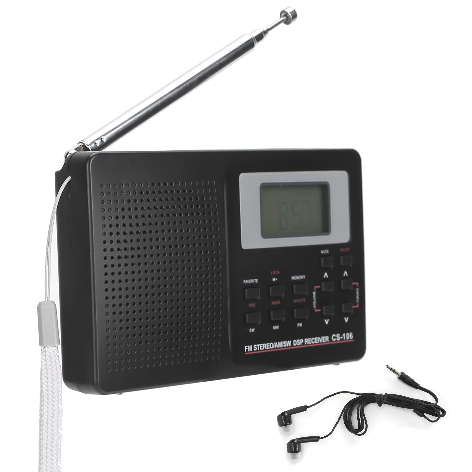 CS‑106 Portable Radio, SW1-7 Full Band Radio Mini FM/AM/SW/MW/LW/TV Receiver, FM Stereo Radio with Digital Clock Earphone default