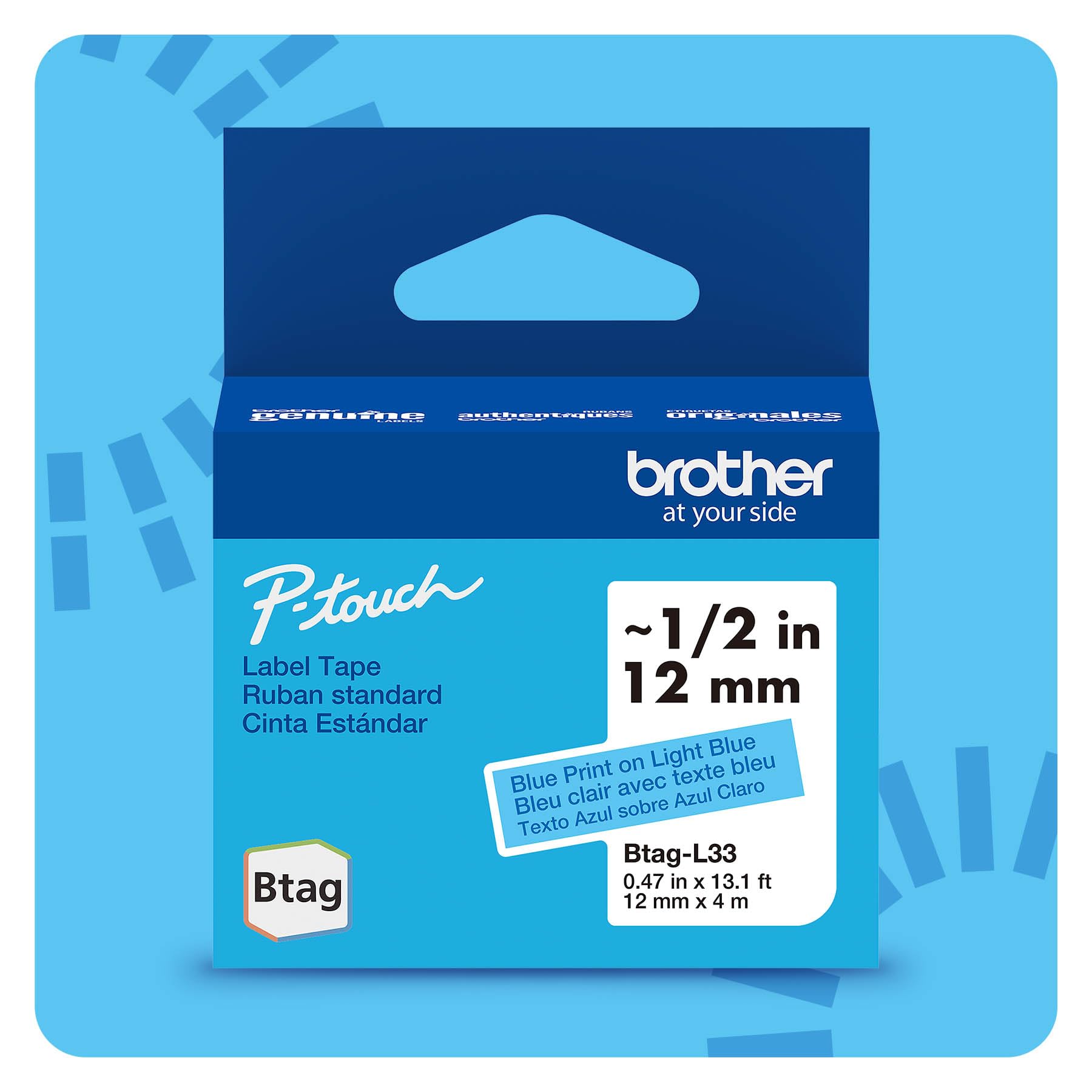 Photo 1 of Brother Genuine P-Touch Btag BTAGL33 Blue on Light Blue Label Tape ~1/2in by 13.1ft (12mm x 4m)